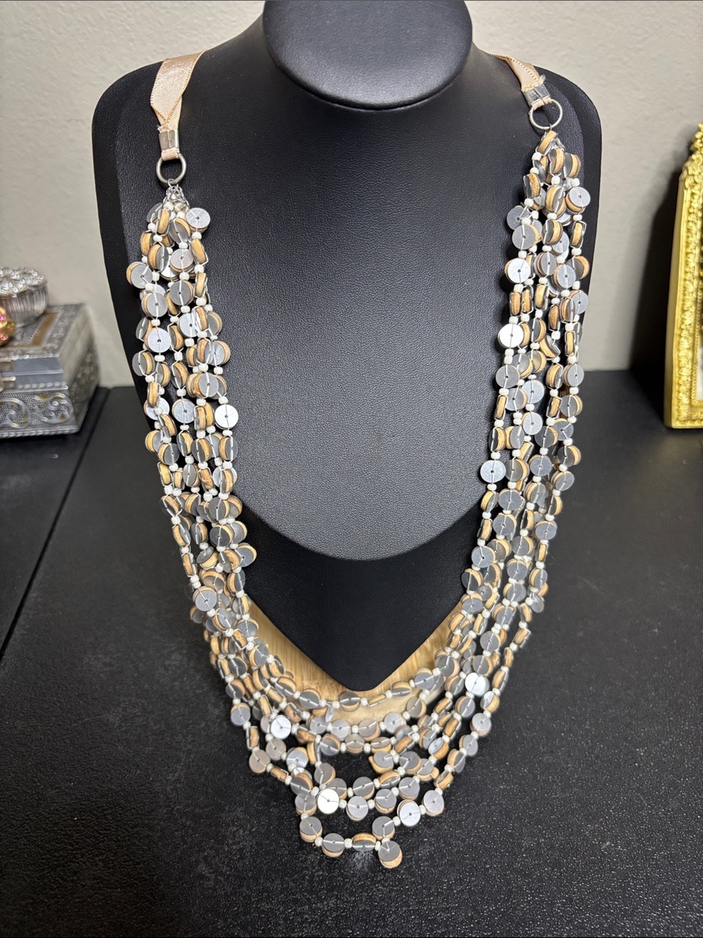 Romantic Ribbon Two-Tone Gold Silver Layered Wood Disc Necklace Statement